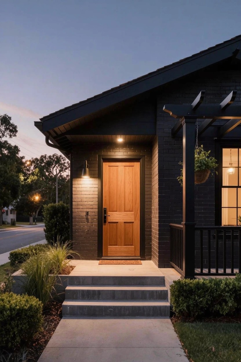 Small modern house exterior at dusk featuring black brick walls, a tall wooden double front door, black metal pergola over concrete steps, warm entry lights, potted plants, and low shrubs beside a sidewalk.