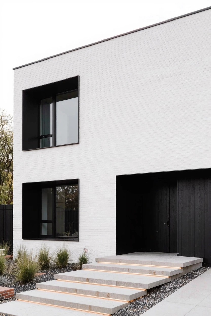 Modern two-story house exterior featuring white stucco walls, black-framed rectangular windows, recessed black front door, concrete steps with orange edge lighting, gravel path, and ornamental grasses.