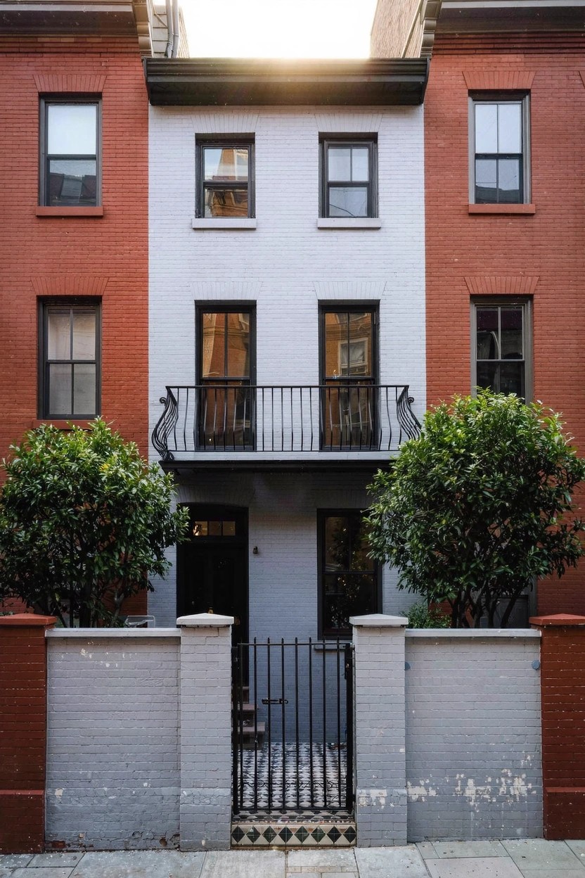 Attached three-story townhouses with red brick on the sides and white center facade, featuring a central black-railed balcony, double entry doors behind a black gate, flanked by green shrubs and low walls on a tiled pathway.