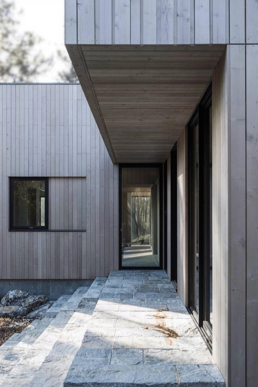 Modern house with light vertical wood cladding, black-framed glass entry door under a cantilevered wood ceiling overhang, stone steps leading up from a gravel path beside pine trees.
