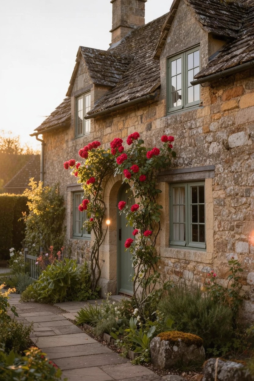 Stone cottage with gabled roof, green windows and door, climbing red roses on the walls framing the arched entryway, stone pathway, and garden plants in evening light.
