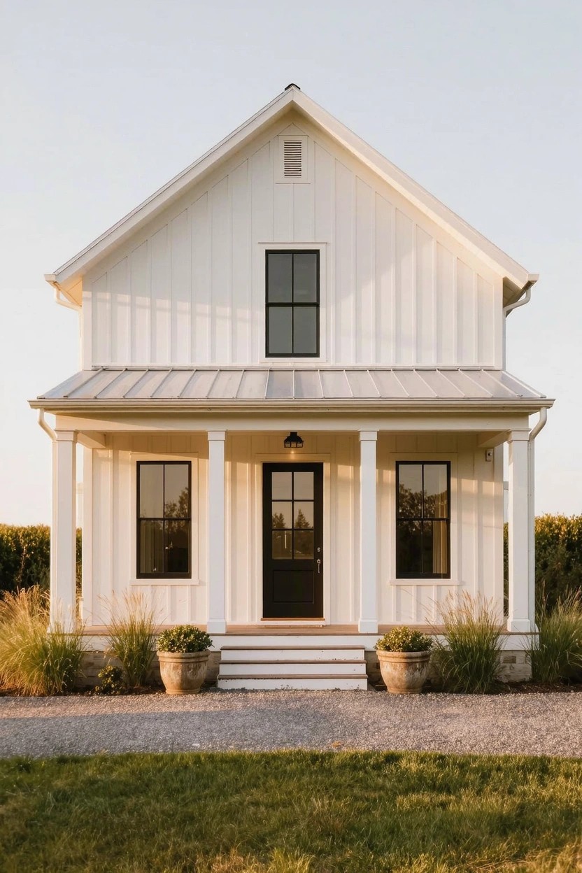 White board-and-batten house with gabled metal roof, covered front porch supported by white columns, black door and windows, potted grasses on porch, gravel driveway, grass lawn, and hedges on sides.