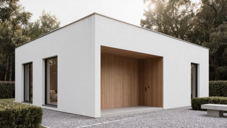 White modern house corner with recessed wooden entry door, black-framed windows, boxwood hedges, concrete path, bench, and gravel yard in late afternoon light.