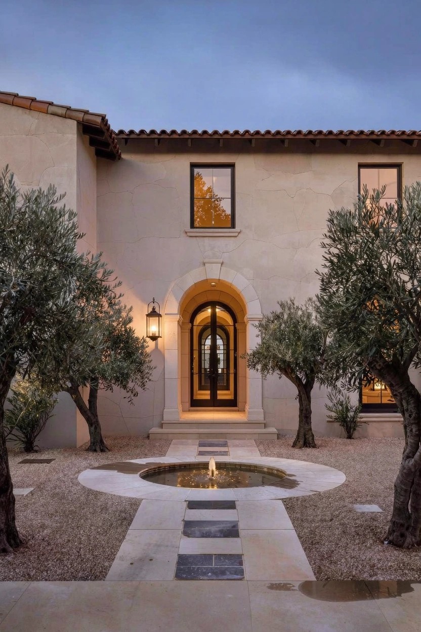 Beige stucco house exterior with arched wooden front door flanked by olive trees, central circular fountain in gravel courtyard, stone pathway leading to entry, lantern light, at dusk.
