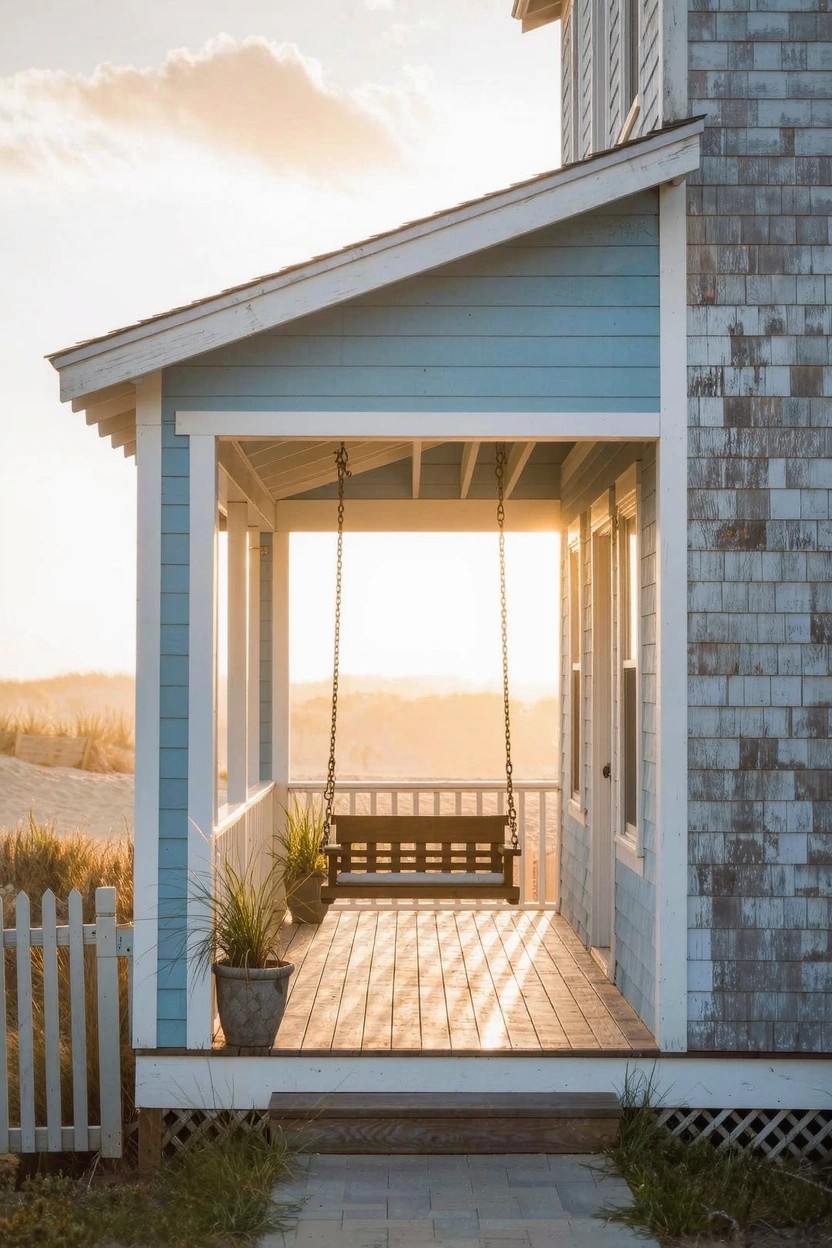 Blue shingled house exterior with covered porch, wooden bench swing hanging from beams, potted plant, white picket fence, and dunes visible in background at sunset.