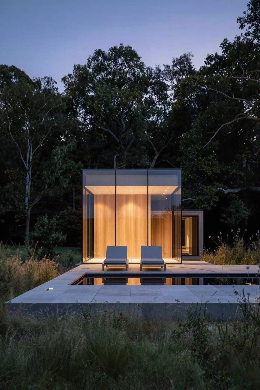 Modern cube-shaped pavilion with cedar wood panels on one side and floor-to-ceiling glass walls on others, positioned next to a rectangular infinity-edge pool on a concrete deck surrounded by tall grasses and trees at dusk, with two lounge chairs on the deck and warm interior lighting visible.