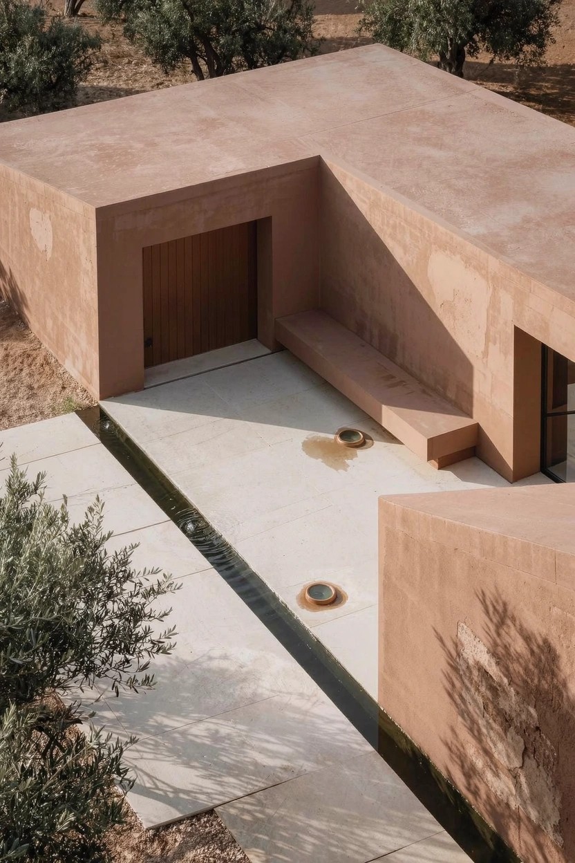 Overhead view of a terracotta-colored modern house with flat roof and L-shaped walls enclosing a paved courtyard that has a narrow central water channel, two olive trees, circular ground features, a built-in bench, and garage door.