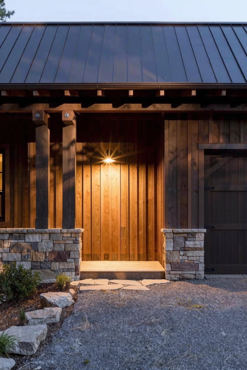 House exterior at dusk with dark metal roof, covered timber porch entry flanked by stone pillars, wooden siding, side garage door, gravel driveway, and stone pathway with low plants.