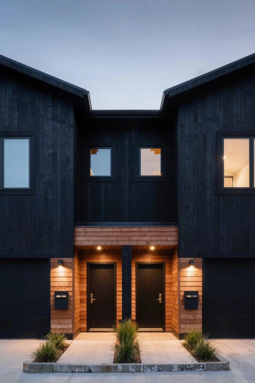 Modern duplex with black wood siding, cedar garage doors and entry surrounds, warm wall lights, black front doors, and grasses flanking a concrete walkway.