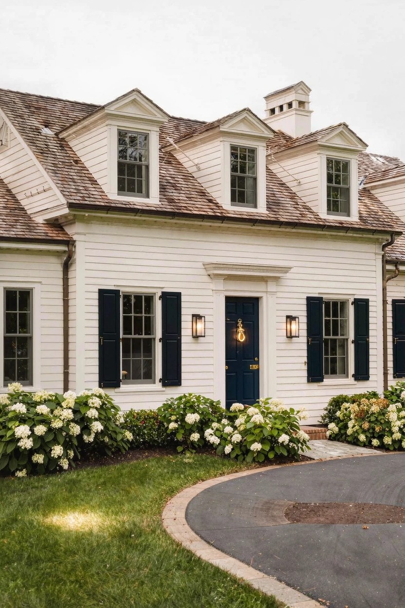White clapboard house with gabled dormers, navy front door flanked by black lanterns and shutters, white hydrangeas along the entry path, and curved asphalt driveway.