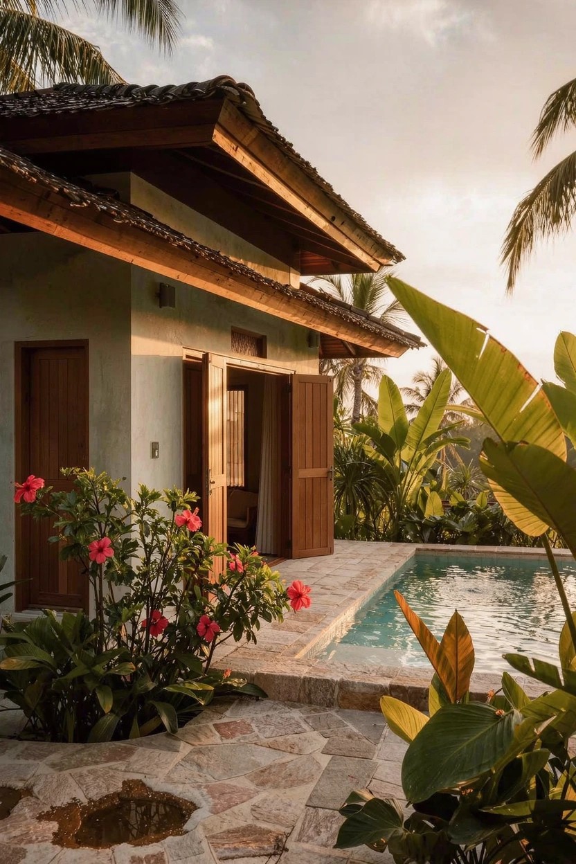 Side view of a small tropical house with beige plaster walls, sloped wooden shingled roof with wide overhangs, open louvered wooden shutters and doors, turquoise pool with stone deck, surrounded by palm fronds, hibiscus flowers, and other tropical plants.