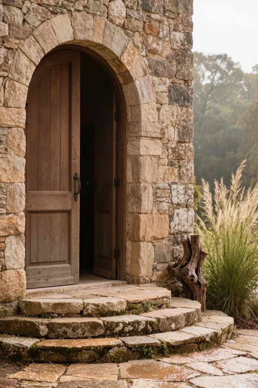 Stone tower wall with open arched wooden double door at top of stone steps, next to tall grasses and tree stump in wooded misty setting.