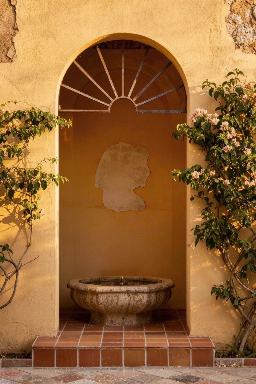 Arched niche recessed into yellow stucco wall with carved stone profile inside, stone basin at bottom on terracotta tiles, surrounded by green vines and pink flowers.