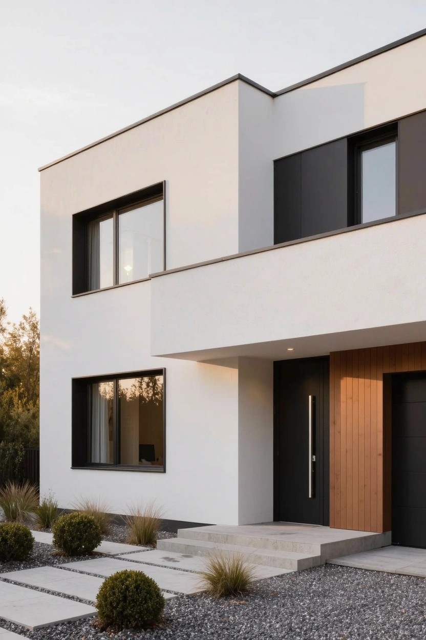 Modern white stucco house exterior with black-framed windows, black and wood entry door, concrete steps, gravel ground cover, ornamental grasses, and shrubs.