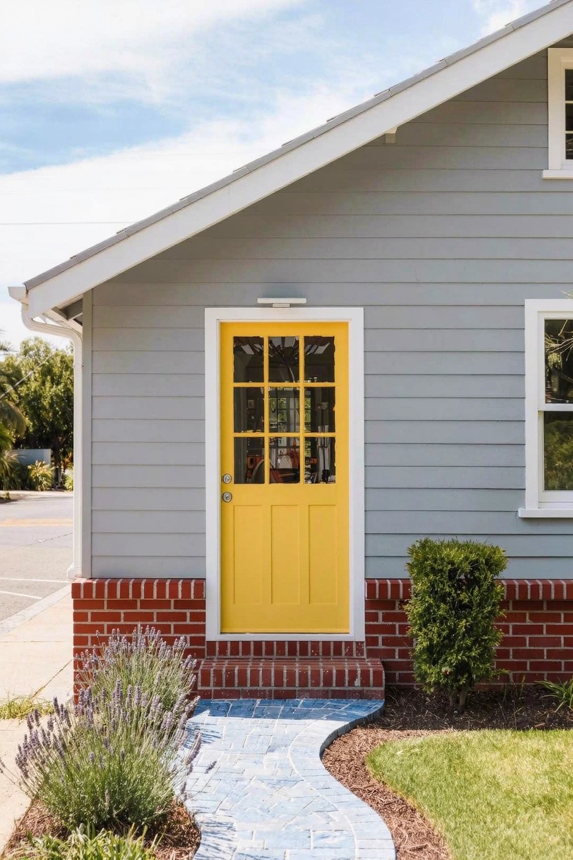 Gray clapboard house with yellow nine-pane front door, brick foundation steps, curved paver pathway, lavender plants, and shrubs.