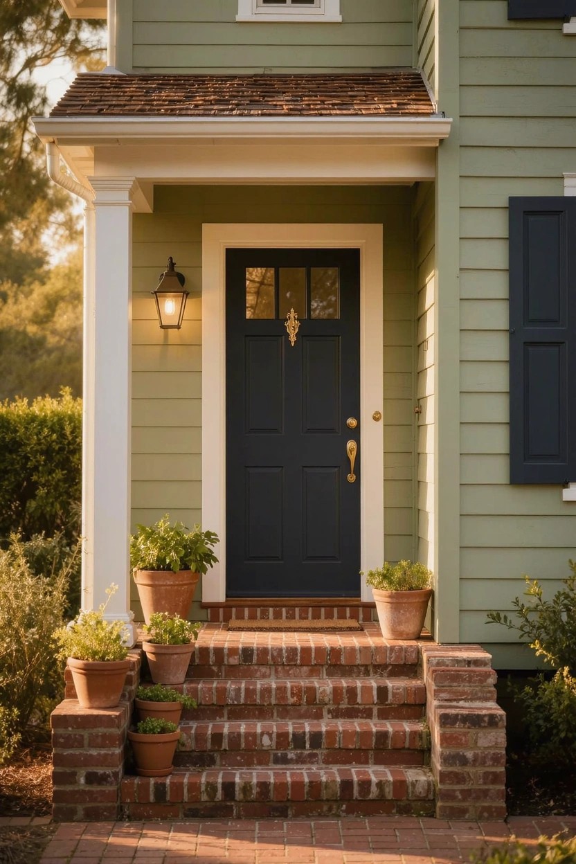 Light green siding house with dark blue front door under a covered porch supported by white columns, red brick steps with potted plants, and a lantern beside the door.