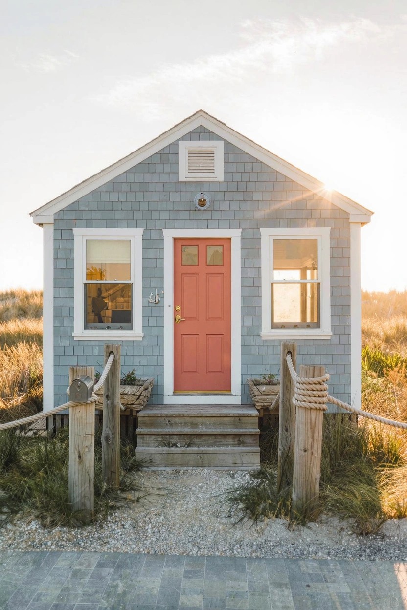 Small light blue shingle-sided house with white trim, red front door, two side windows, steps with rope railings, and surrounding dune grass on a sandy path.