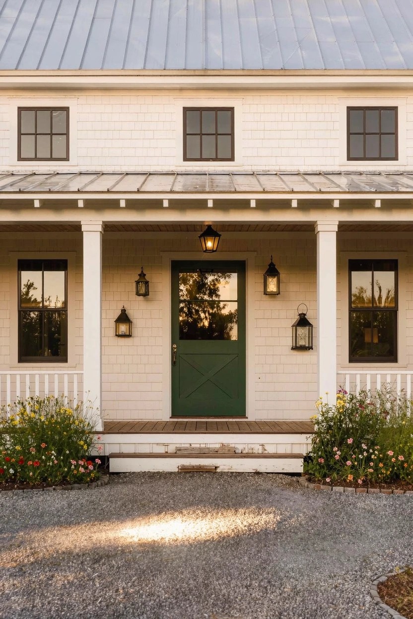 White clapboard house with gray metal roof, covered front porch with white columns, green double door, black-framed windows, hanging lanterns, flower beds, and gravel driveway.