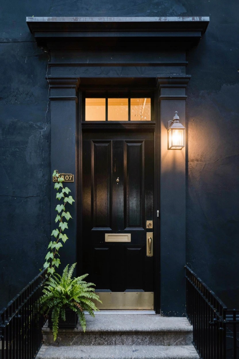 Dark navy painted brick house exterior featuring a black front door with gold knocker numbered 107, small transom window, wall-mounted lantern light, ivy vine on wall, potted fern plant on steps, and black metal railing.