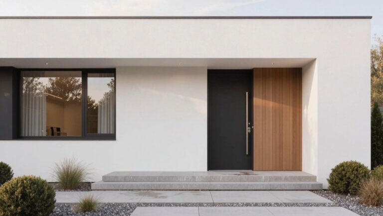 20 Creative Ground Floor Exterior Designs For A Smart Refresh Modern white stucco house exterior with black-framed windows, black and wood entry door, concrete steps, gravel ground cover, ornamental grasses, and shrubs.