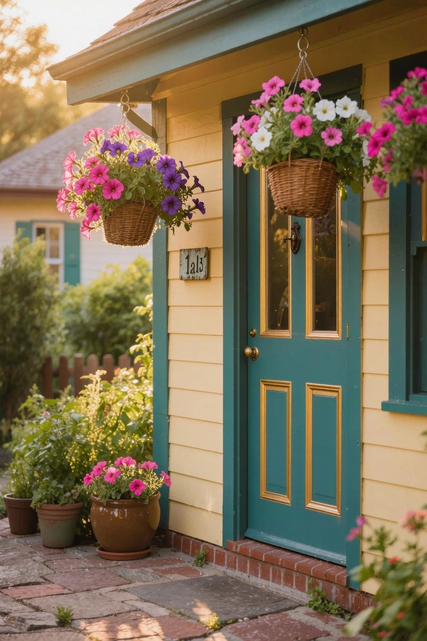 Yellow clapboard house with green front door displaying house number 143, surrounded by multiple hanging baskets of pink, purple, and white flowers, potted plants on brick pavers, and greenery nearby.
