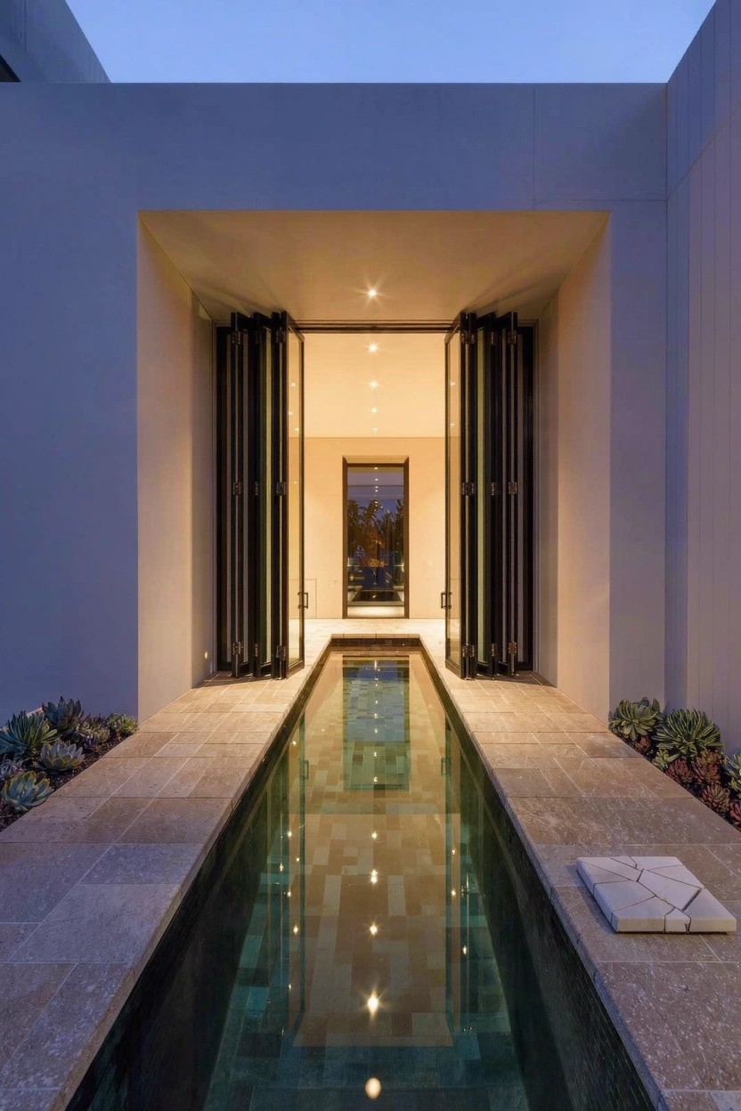 Modern home exterior with a narrow reflecting pool pathway lined by stone tiles and edged with succulents, leading to open bi-fold glass doors lit from within at dusk.