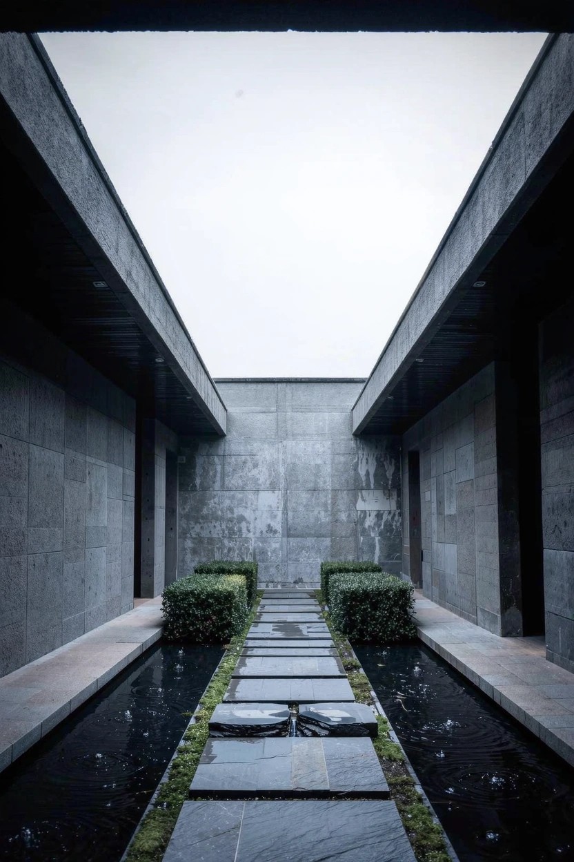 Narrow concrete courtyard with central shallow water channel, flat stepping stones across the water, clipped green hedges on both sides, and tall concrete walls under gray sky.