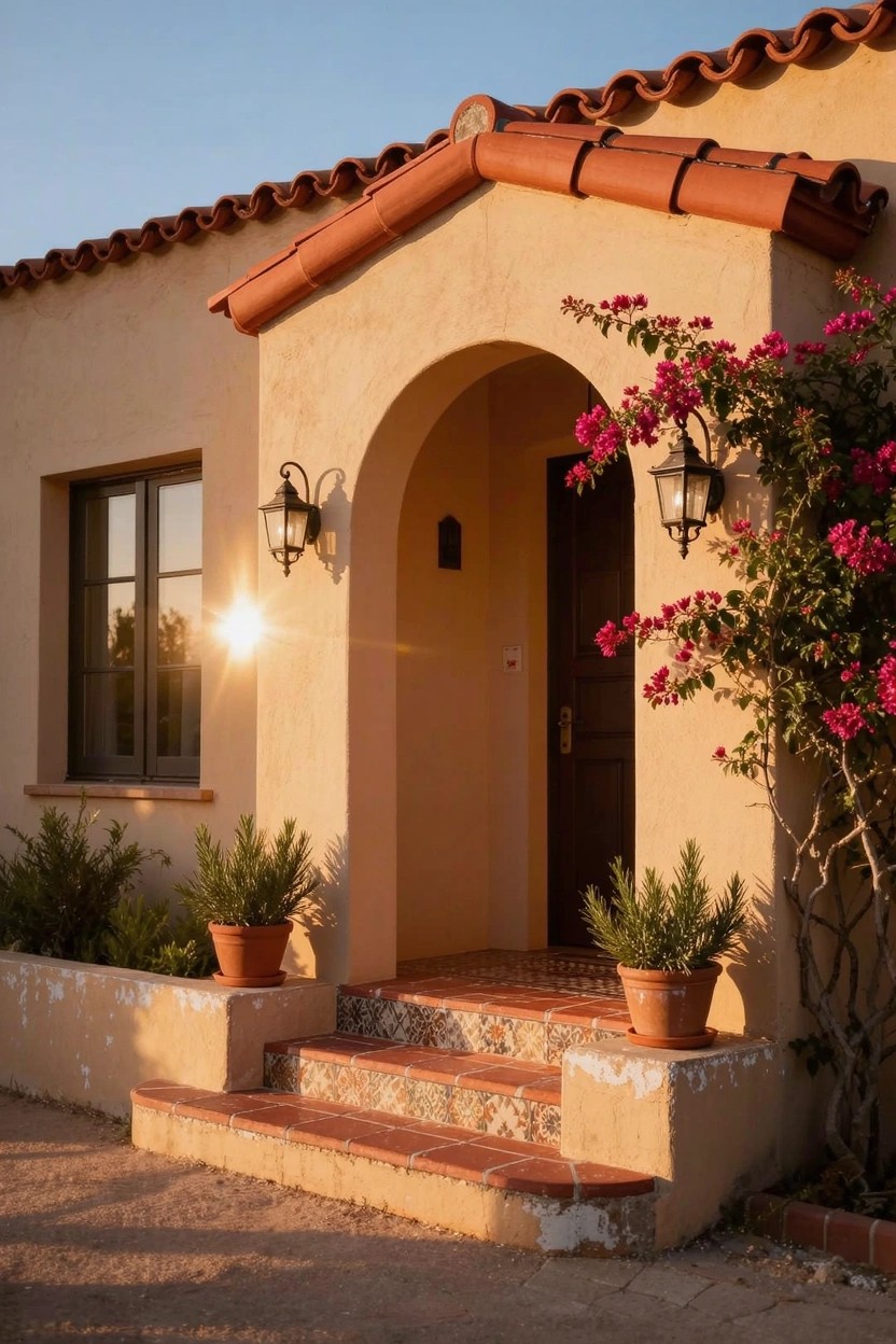 Beige stucco small house exterior with curved red tile roof, recessed arched wooden doorway draped in pink bougainvillea vines, paired wall lanterns, potted plants, and terracotta steps in late afternoon sunlight.