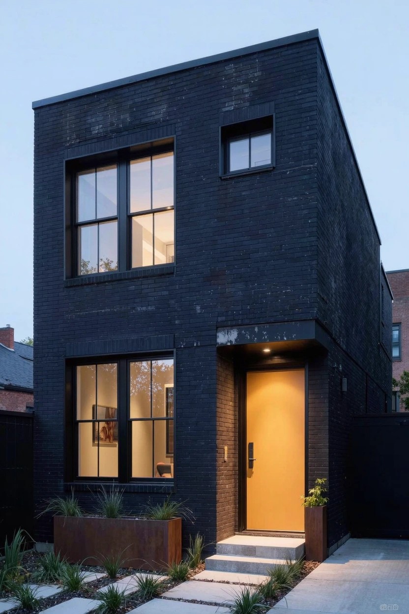 Two-story modern house clad in black brick with large windows on both levels, a lit yellow front door, concrete steps and pathway, flanked by tall ornamental grasses and metal planters at dusk.