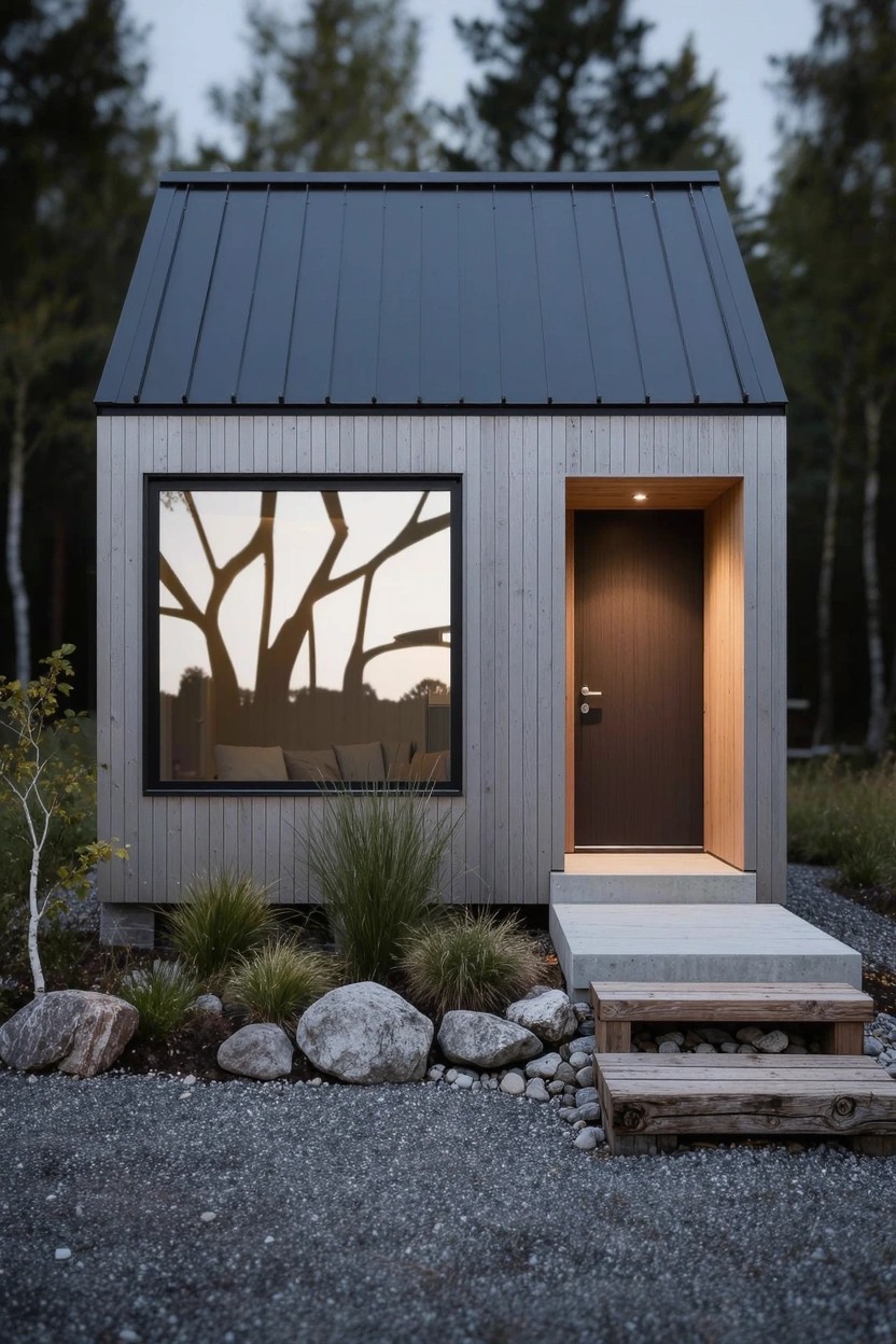 Small cabin with steep black metal gabled roof, light vertical wood siding, large side window, dark wood entry door on concrete steps, gravel yard with rocks and grasses amid trees at dusk.