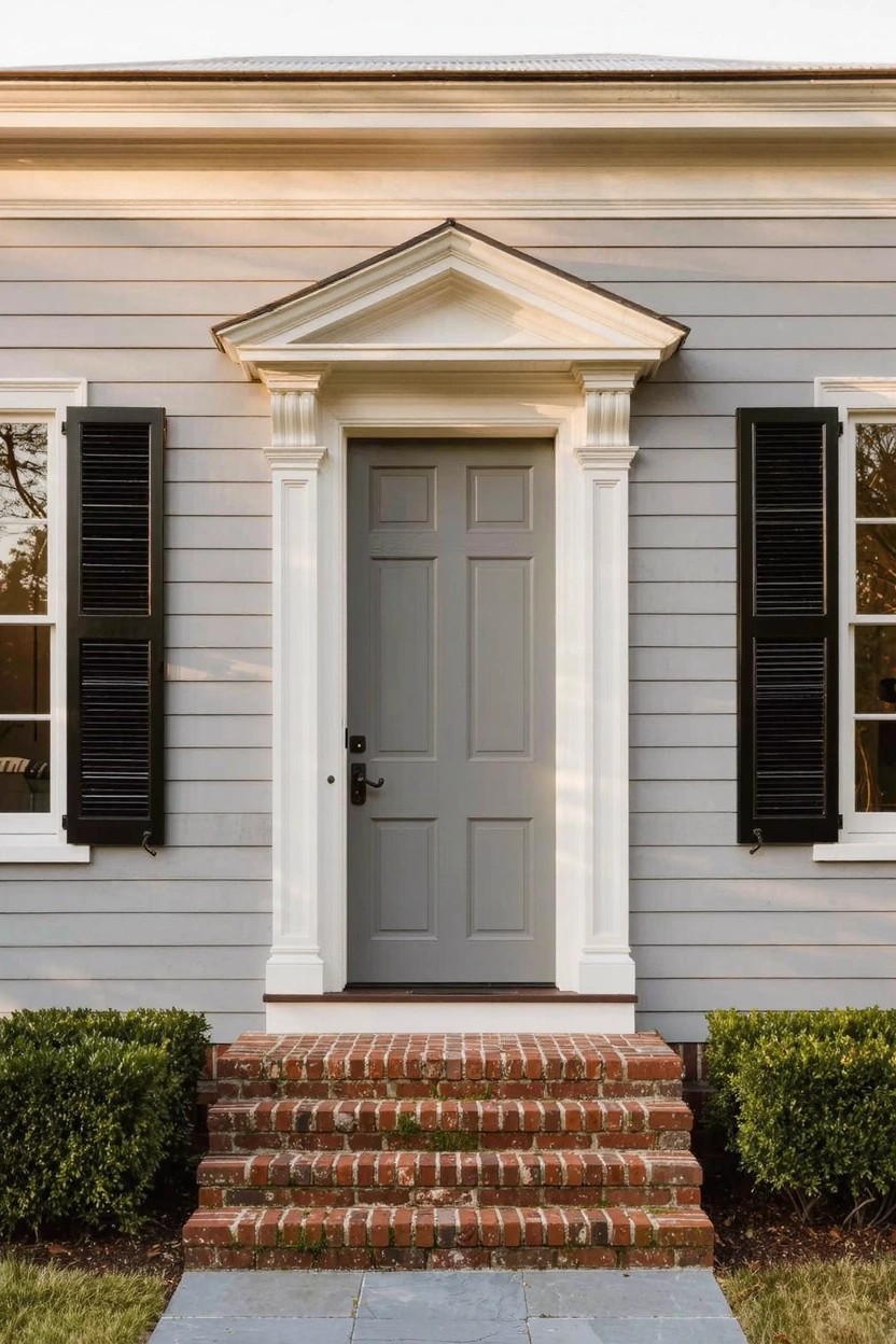 Light gray clapboard house with white trim, centered gray paneled door under a white pediment supported by two columns, black shutters on flanking windows, brick steps, and boxwood shrubs beside the entry.
