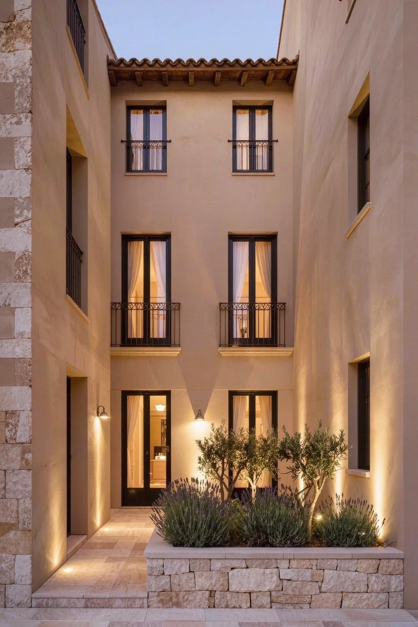 Narrow courtyard between beige stucco walls with central dark wooden double doors, flanked by raised stone planters containing small olive trees and lavender bushes, lit by wall-mounted lights on a stone pathway.