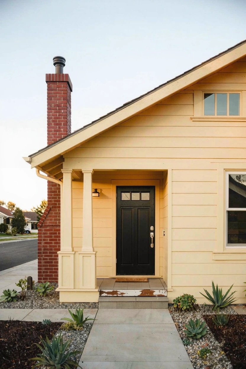 Yellow siding house with gabled roof, brick chimney, covered front porch supported by columns, black paneled door, concrete pathway, gravel yard, and succulent plants.