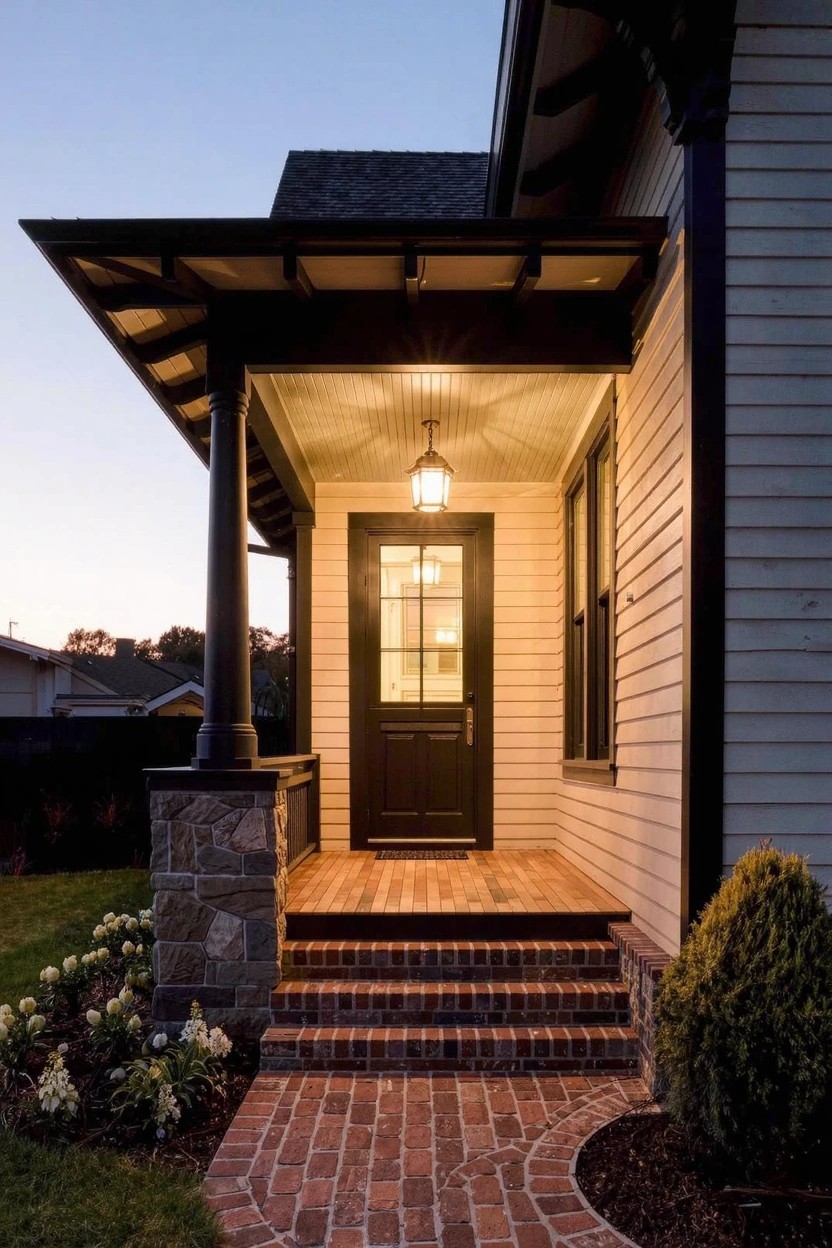 Evening photo of a small house exterior with white siding, black-trimmed covered porch, dark front door, hanging lantern, brick steps, stone pillar, and low landscaping.