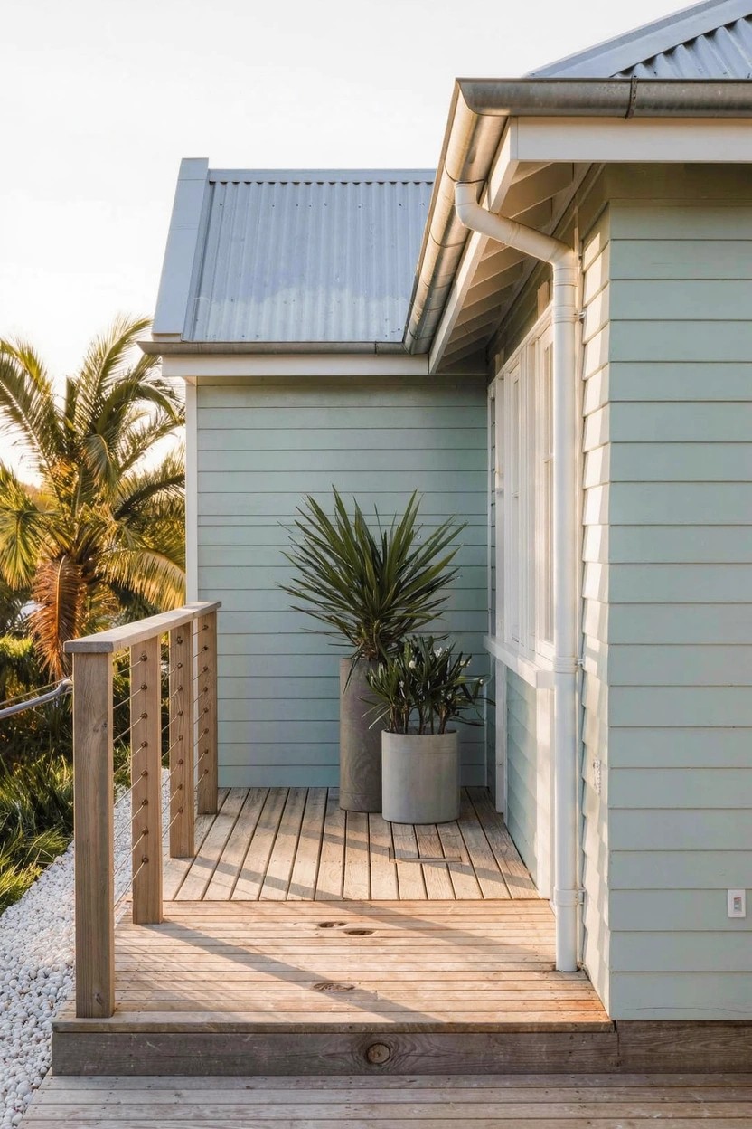 Side view of a light blue clapboard house with corrugated metal roof and an elevated wooden deck balcony featuring cable railings and potted plants next to a window, with palm trees and gravel in the background.