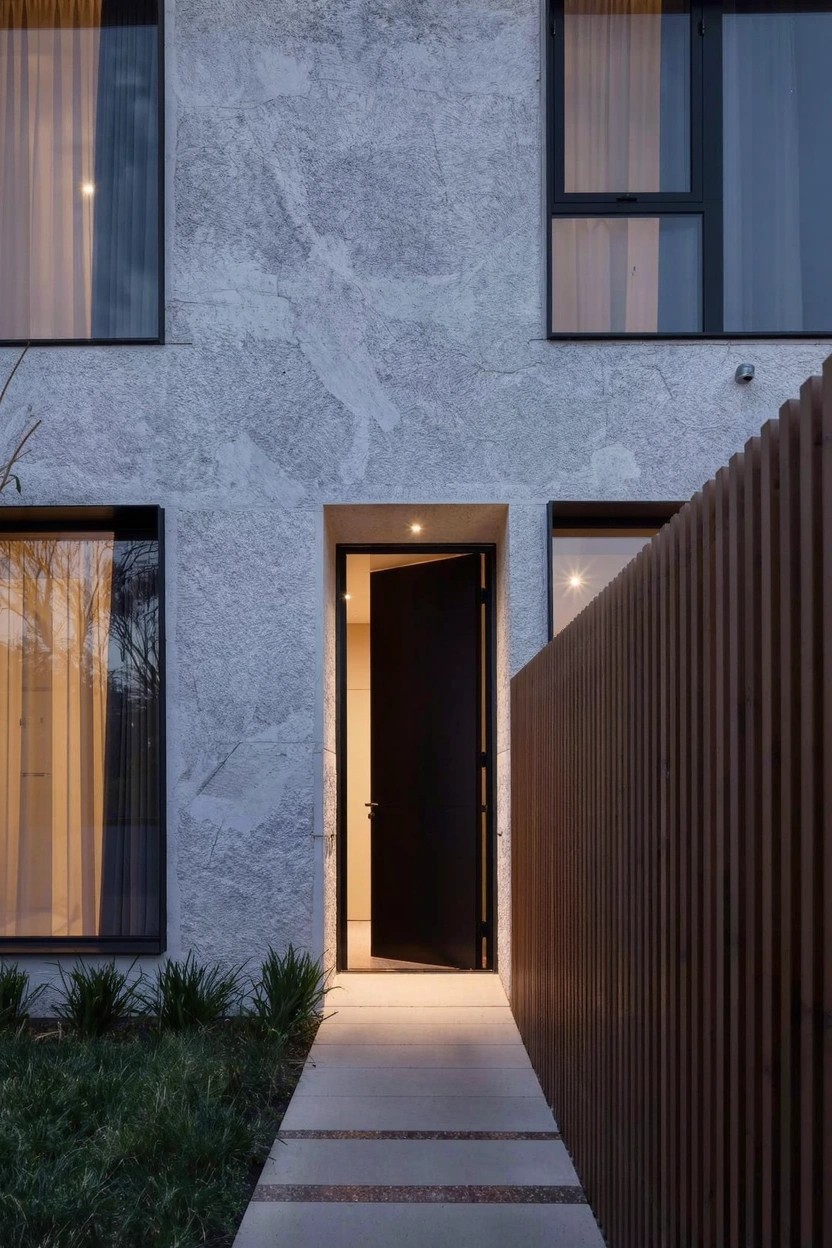 Modern small house exterior with textured gray facade, large black-framed windows, black front door, concrete pathway flanked by wooden slat fence on one side and grass on the other.