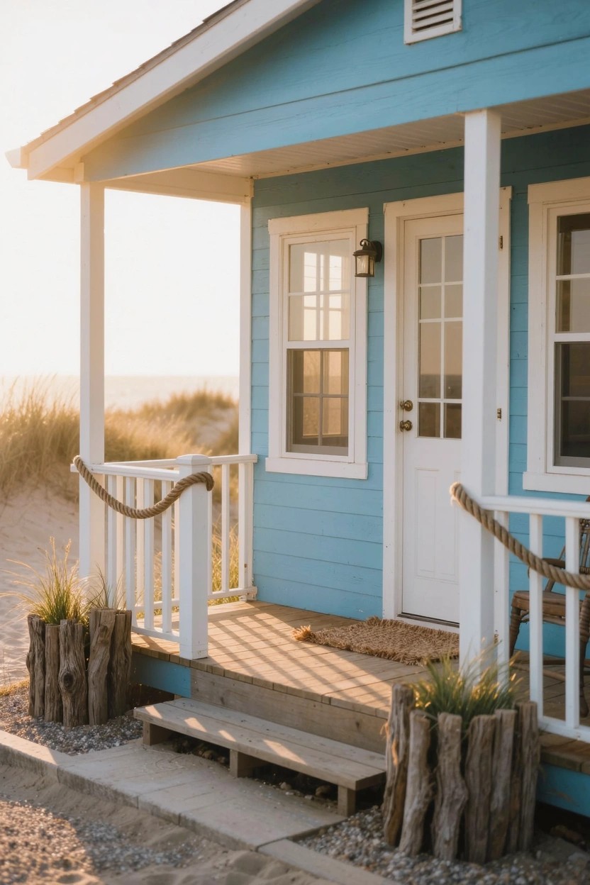 Small light blue clapboard beach house with white-trimmed covered front porch, rope balusters between posts, white door with glass panels, driftwood planters holding grasses, and sandy yard with beach dunes at sunset.