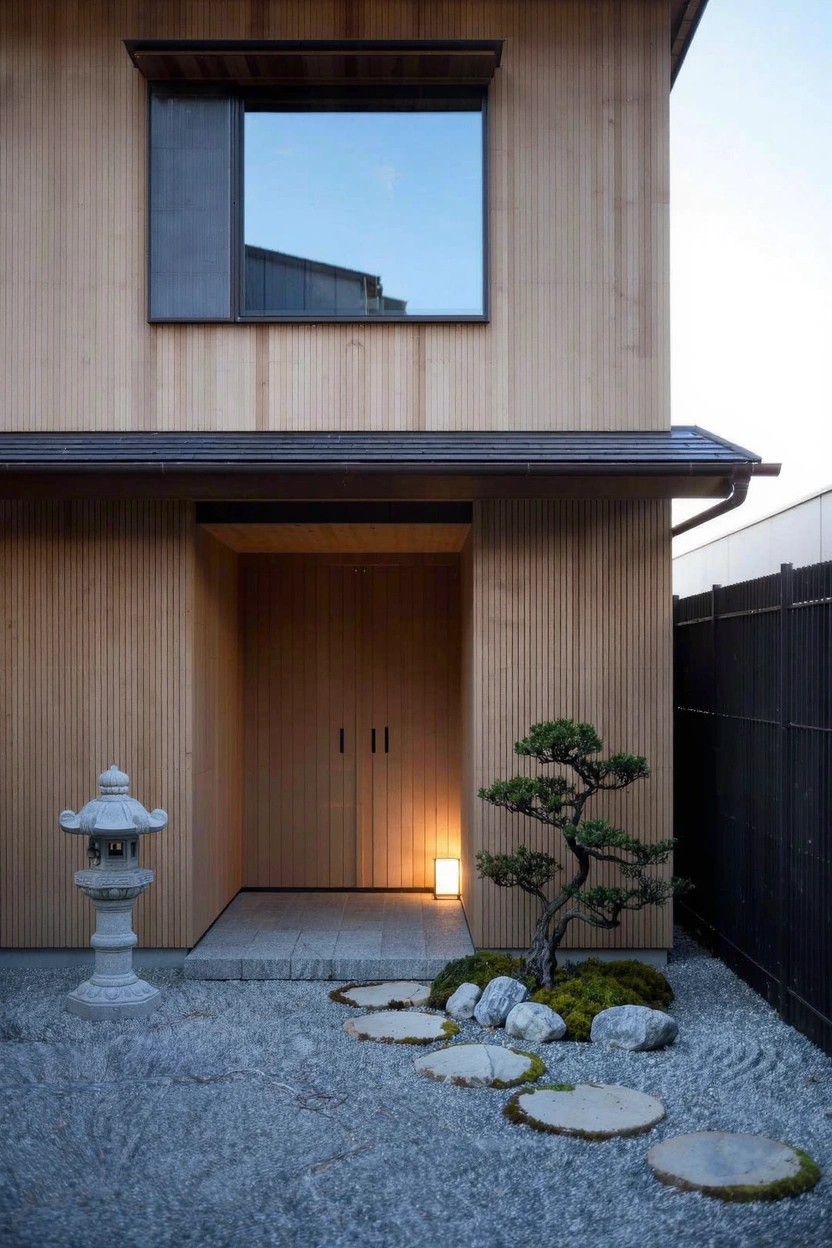 Wooden-clad house exterior with open entry porch, gravel yard featuring irregular round stepping stones leading to double doors, stone lantern, bonsai tree, and mossy rocks.