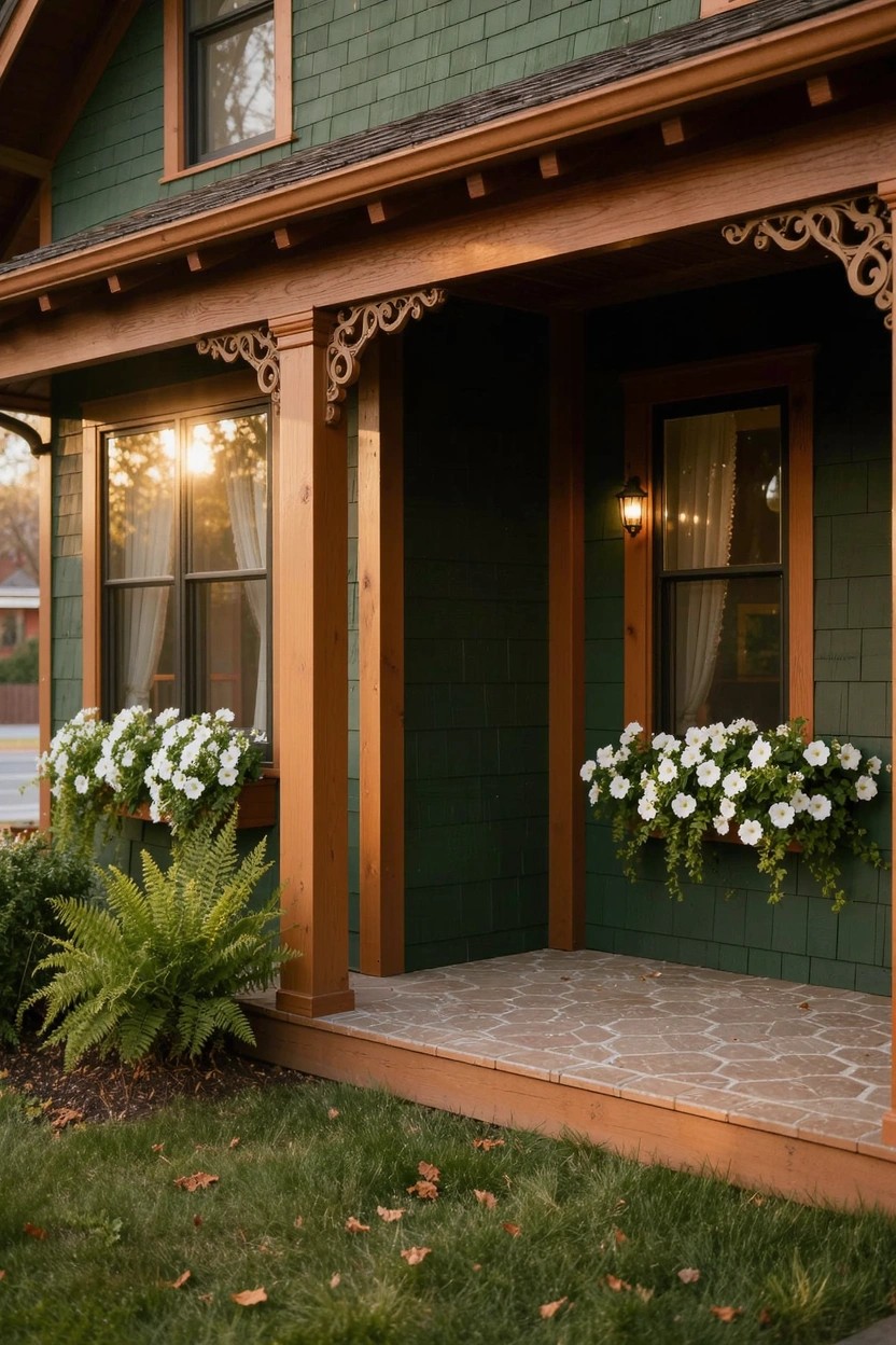 Green shingle siding on a small house with a covered wooden porch featuring ornate scrollwork brackets on posts, windows with white flower boxes, ferns, and grass in front.