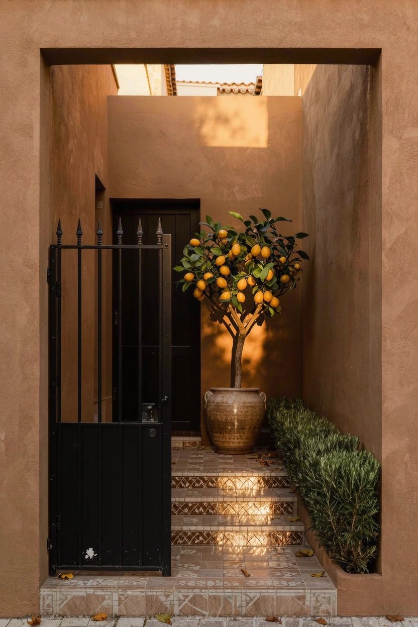 Narrow courtyard entrance framed by tan stucco walls with a black wrought-iron gate, tiled steps to a black door, and a potted orange tree bearing fruit next to boxwood hedges.