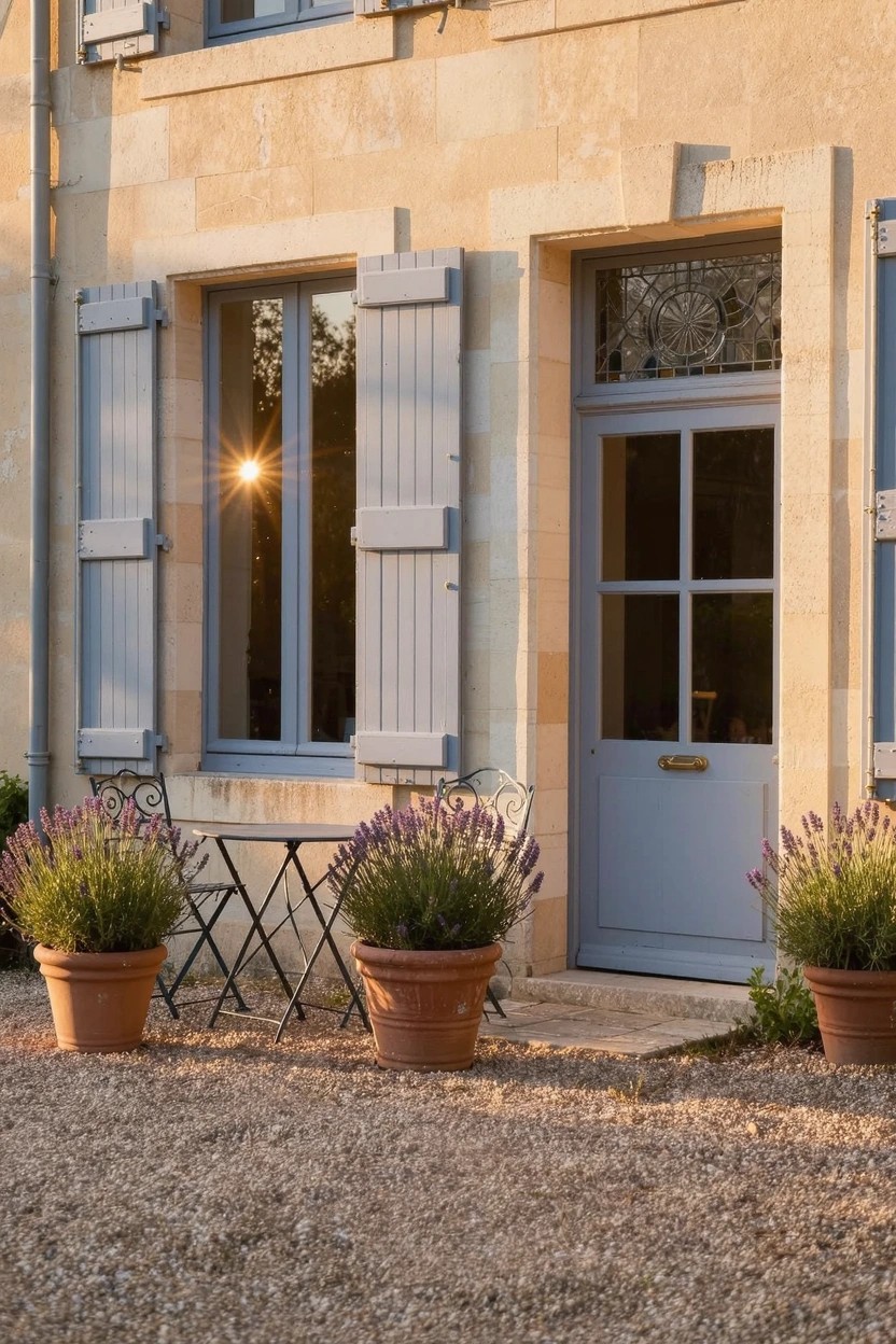Beige stone house facade with blue shutters and door, small gravel terrace holding a bistro table, two chairs, and three terracotta pots of purple lavender at the front entrance.