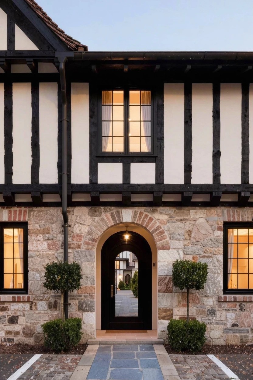 A small house exterior with black half-timbering on white walls over a stone base, featuring a centered arched wooden door with stone surround flanked by boxwood shrubs on a slate pathway.