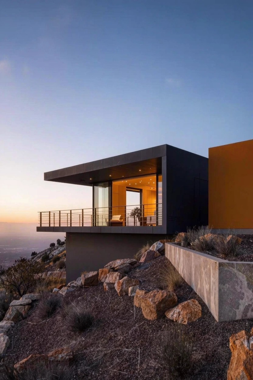 Contemporary boxy house with matte black walls, a rust-colored upper panel, and glass balcony on a rocky desert hillside at sunset.