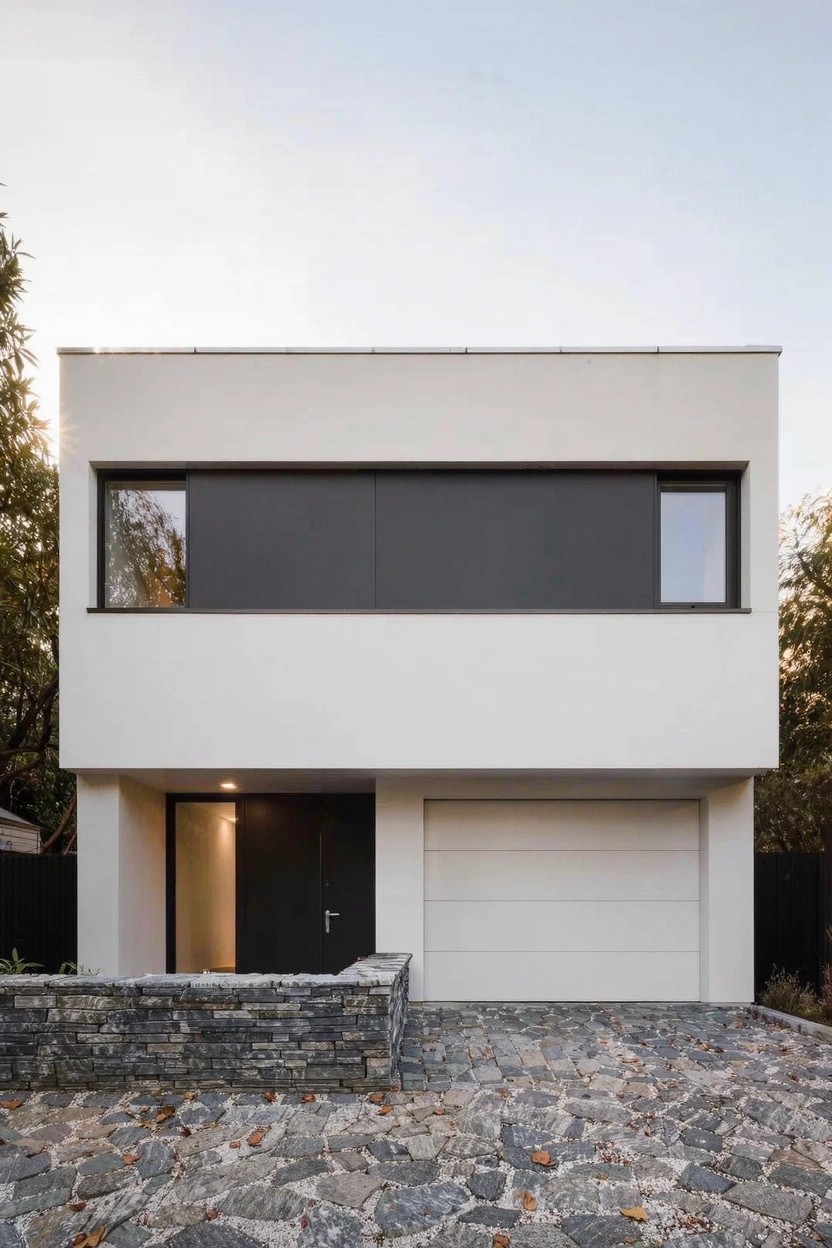 Modern two-story house with white stucco walls, black horizontal upper panel and window frames, dark entry door, white garage door, low stone retaining wall, and pebbled driveway amid trees.