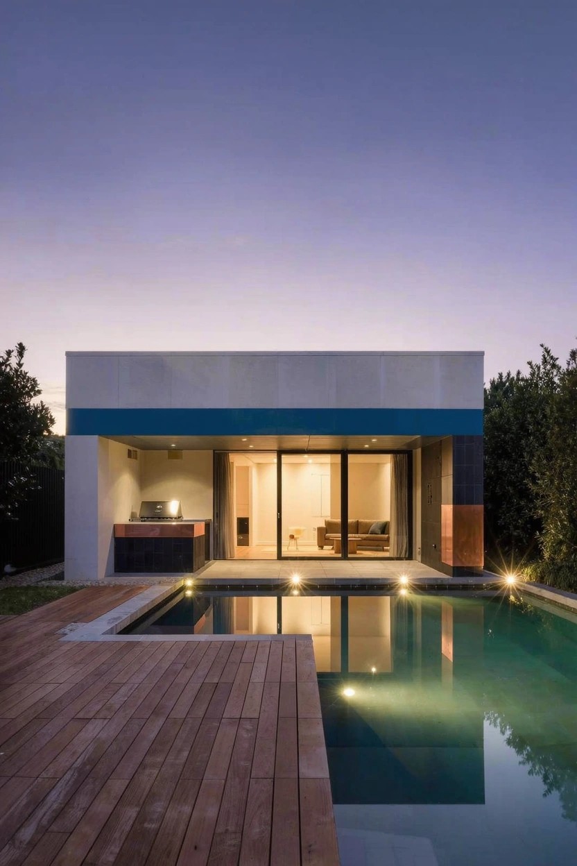Modern white rectangular house with horizontal blue accent band near the roof, large glass sliding doors to a wooden deck beside a lit rectangular pool at dusk, greenery around the edges.