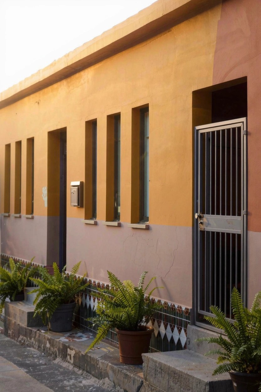 Yellow upper walls and terracotta lower walls on a stucco house exterior with narrow windows, metal entry gate, potted ferns, and tiled base along a stone curb.
