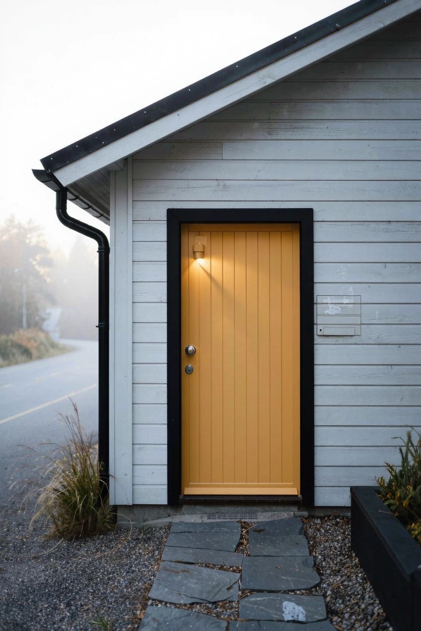 Yellow wooden front door with black frame on white shiplap siding of a house corner, illuminated by a wall lantern, stone pathway leading to it, gravel ground, plants, and misty road in background.