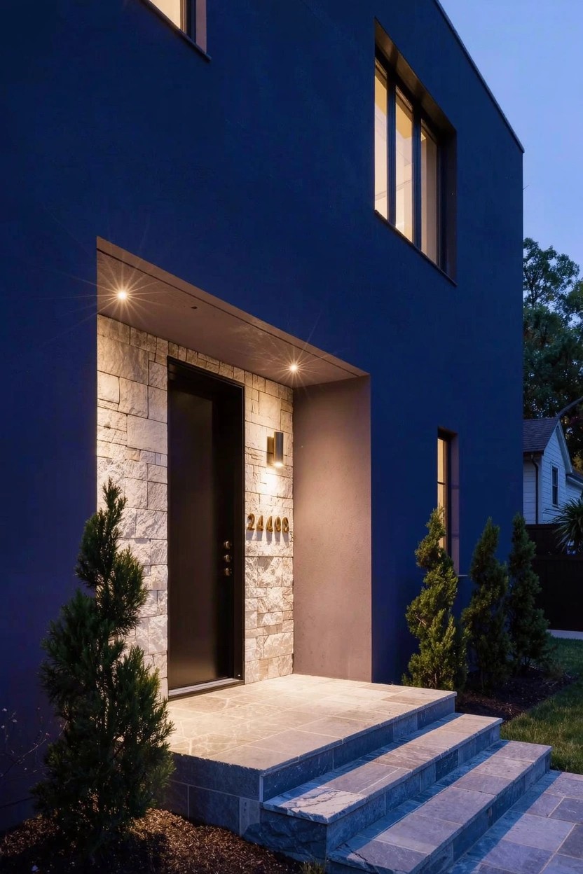 Modern house exterior with dark blue painted walls, light stone-clad entryway around a black door, small conifer trees flanking the steps, and recessed lighting at dusk.
