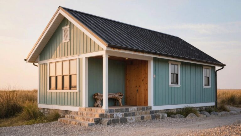 20 Stunning Contemporary Exterior Paint Ideas That Feel Fresh Light green board-and-batten siding house with white trim, black metal gable roof, covered porch, wooden front door, driftwood bench on steps leading to gravel driveway, tall grasses nearby.