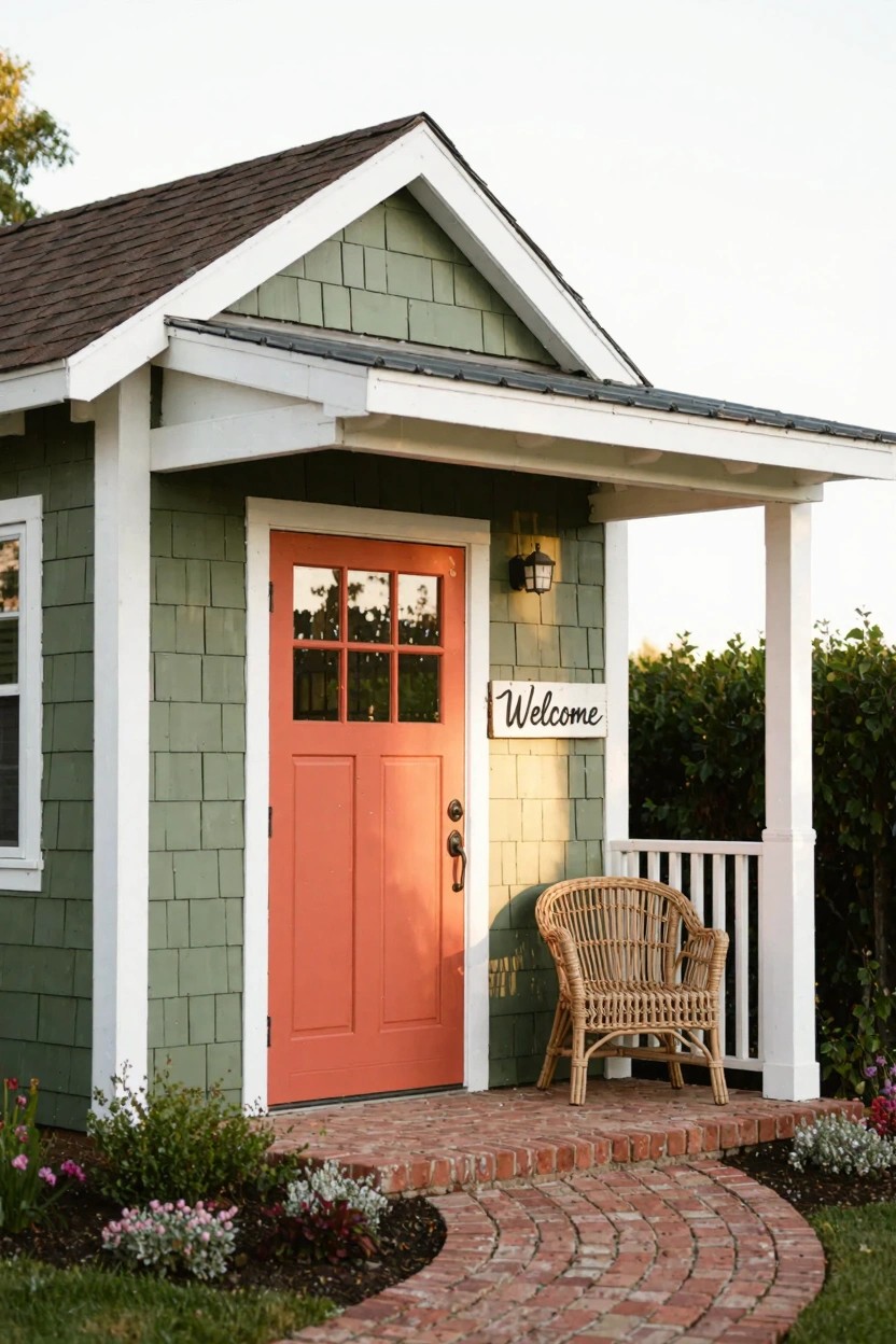 Small sage green shingle-sided building with white trim and gabled roof, featuring a bright orange paneled door, small covered porch with wicker chair and lantern light, welcome sign, brick pathway, and flower beds in a yard.